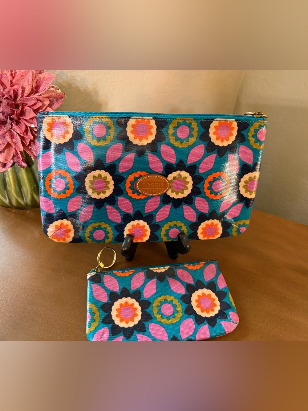 Fossil Teal Floral Cosmetic Pouch Set - Teal, Pink, Orange